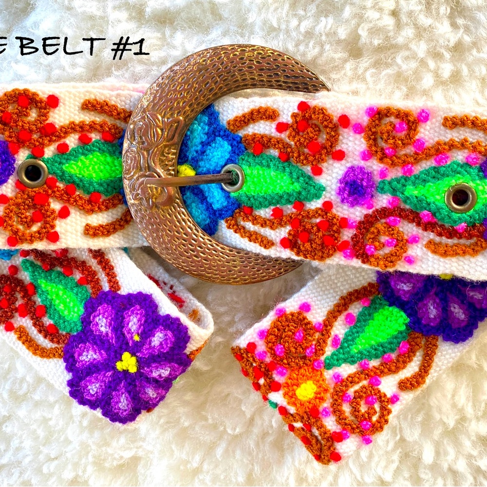 New Handmade Embroidered BELT. White. Metal hammered copper buckle. 43” long.